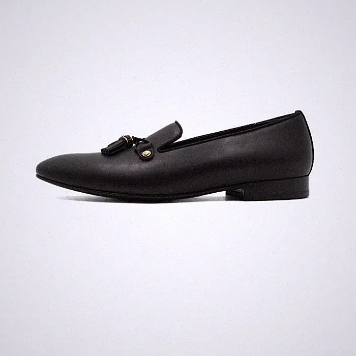 LOUIS LEEMAN Schwarze Leder Herrenloafer mit goldenen Quasten 153099715 [U]
