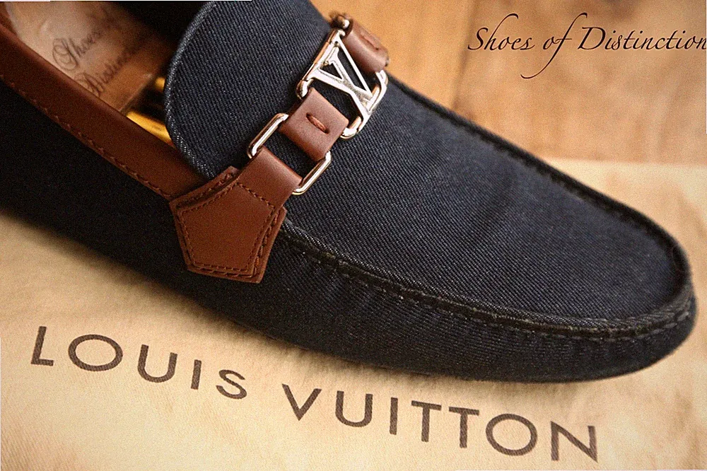 Louis Vuitton LV Navy Blau Denim Braun Leder Schuhe Halbschuhe Herren UK 7,5 US 8,5