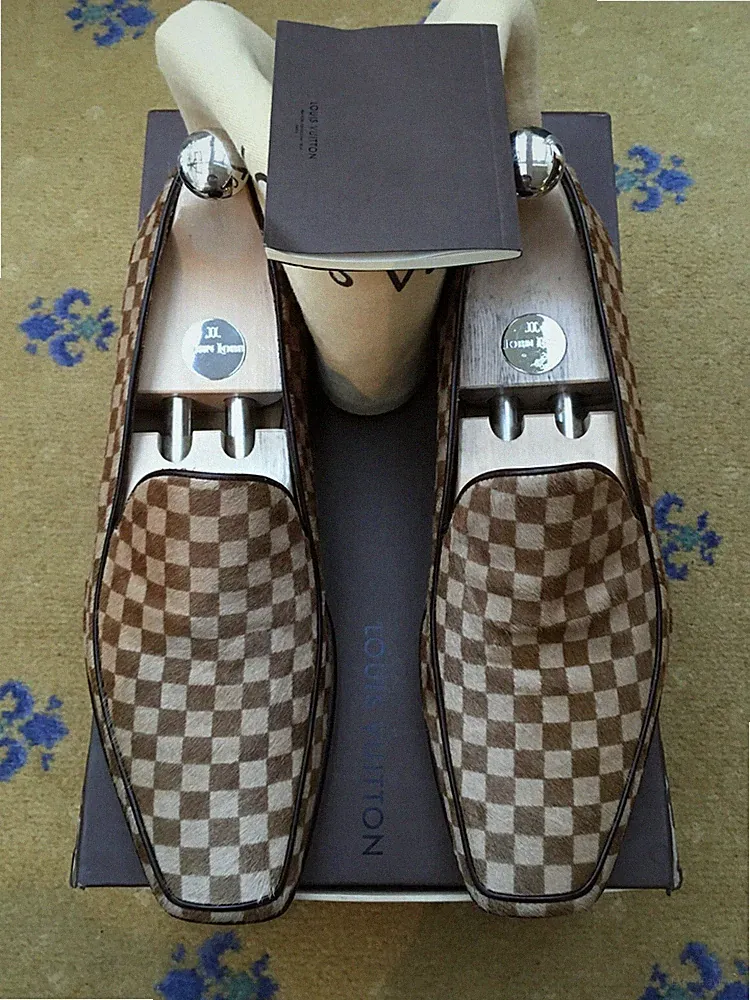 Louis Vuitton Pony Hair Halbschuhe Schuhe UK 6,5 US 7,5 40,5 Damier Herren Braun Beige