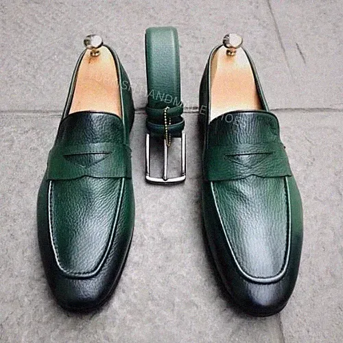 Luxus Handgefertigte Slipper Grün Halbschuhe für Herren - Handgefertigt im Echtleder Stil