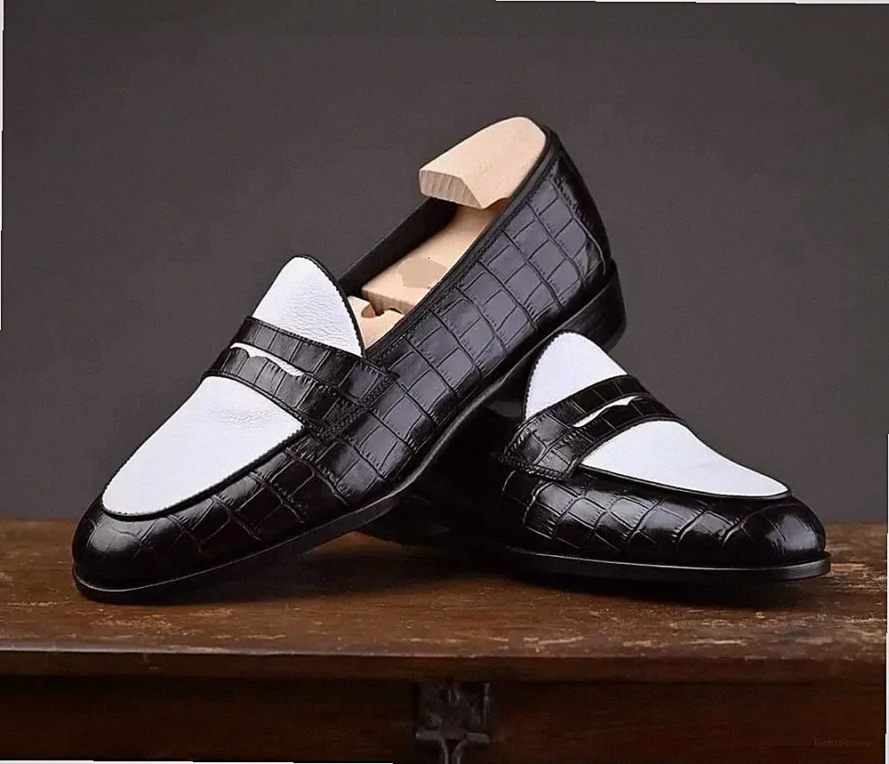 Luxus schwarz und weiß Leder elegante Halbschuhe Handarbeit Herren Krokodil Muster