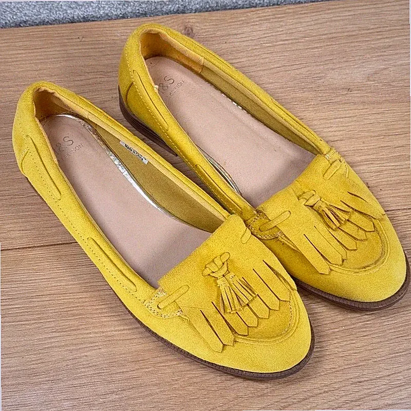 M&S Collection gelbe Damenschuhe Wildleder-Loafer mit Quasten UK 5 Insolia Flex
