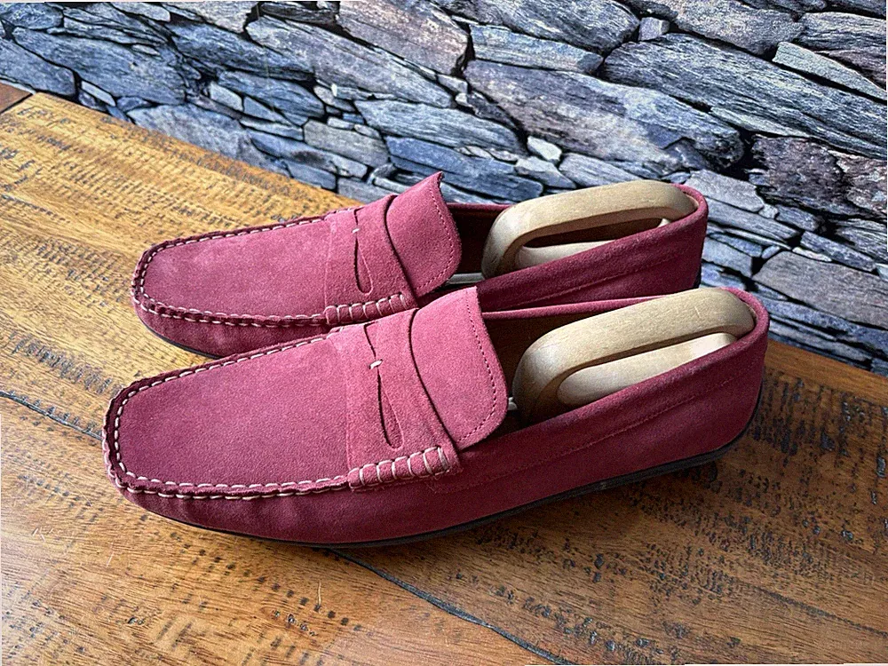M&S Collezione Burgunderrot Wildleder Penny Halbschuhe Fahren Herren Größe UK 11 Italien Sehr guter Zustand