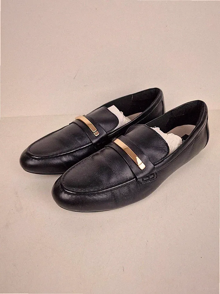 M&S Damen Halbschuhe UK 5,5 Weite Passform Schwarz Leder Arbeit Freizeit Goldrand