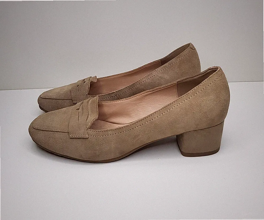 M&S DAMEN-PUMPS GRÖSSE 6UK EUR 39 BEIGE VELOURSLEDER MIT NIEDRIGEM BLOCKABSATZ