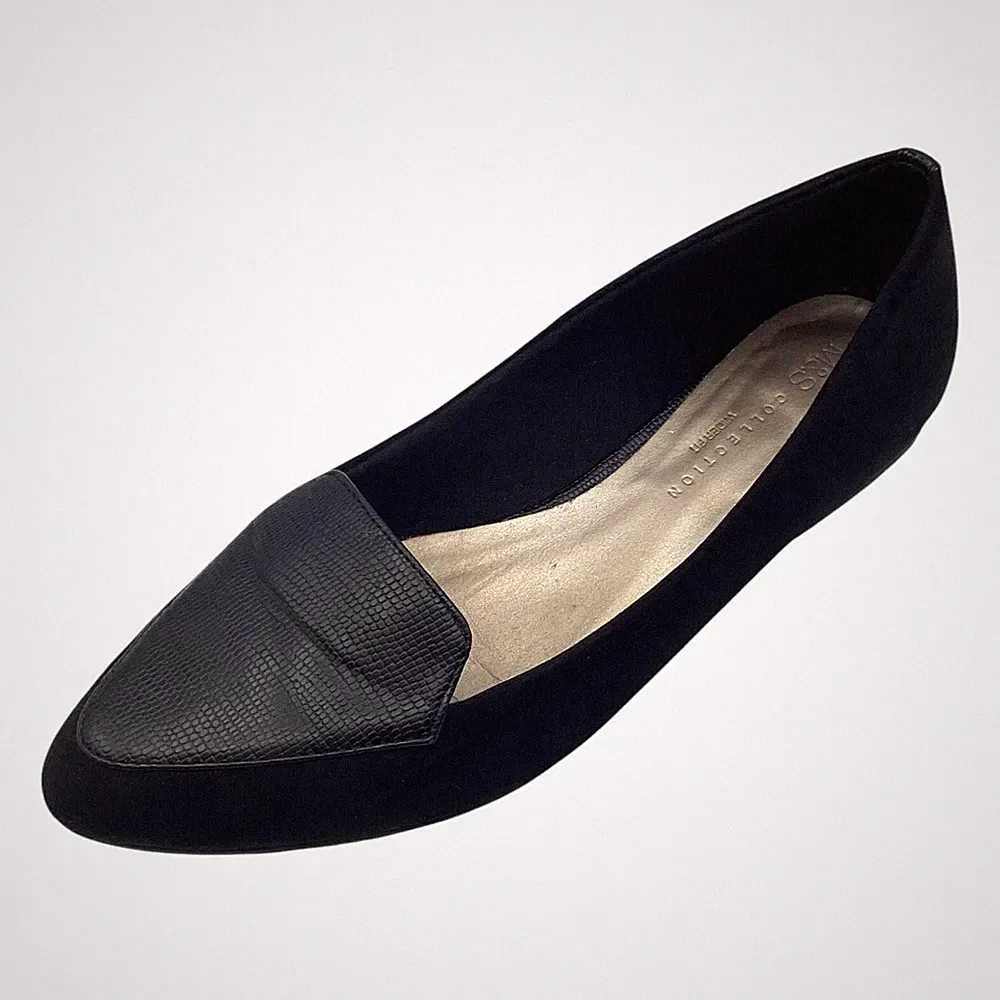 M&S Damenschuhe schwarz Wildlederimitat flach breitere Passform Halbschuhe Größe 5,5 gebraucht