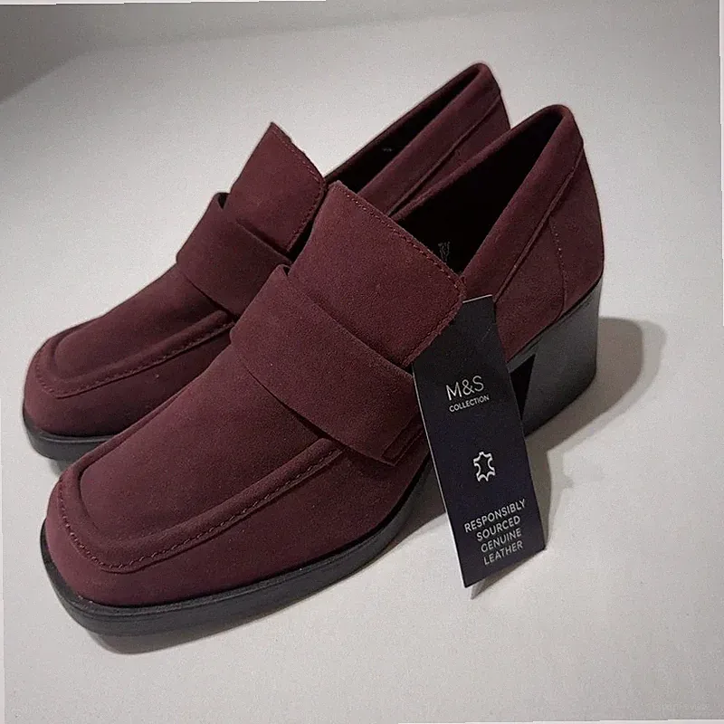 M&S Echt Wildleder Leder Burgund Blockabsatz Halbschuhe UK 6