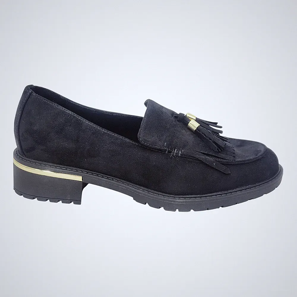 M&S elegante Damenschuhe schwarz Wildleder Quaste mit Goldrand klobige Sohle