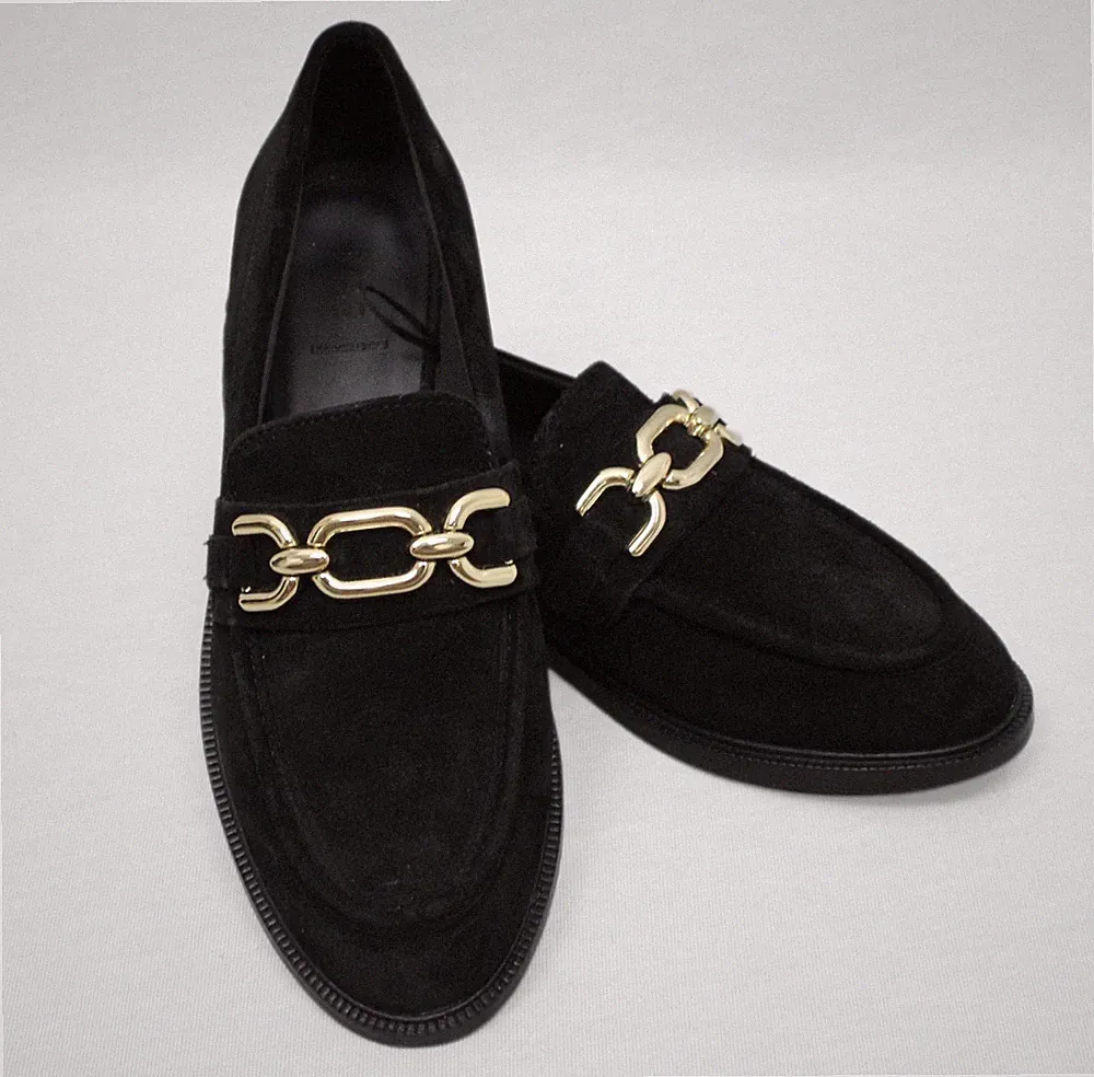 M&S Halbschuhe Damen UK 4,5 Leder schwarz gold Kettendetail elegant Freizeit sehr guter Zustand