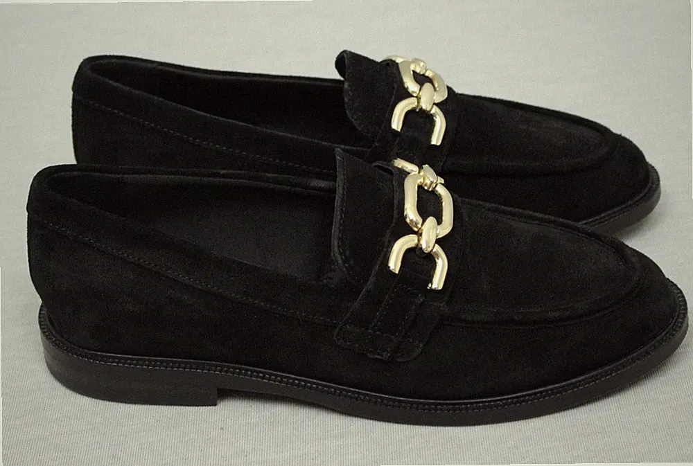 M&S Halbschuhe Damen UK 4,5 Leder schwarz gold Kettendetail Smart Freizeit sehr guter Zustand