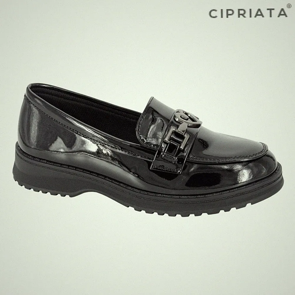 Mädchen Cipriata Schuh schwarz Lack Herz Saddle Loafer Schule SINA Schuh Kinder