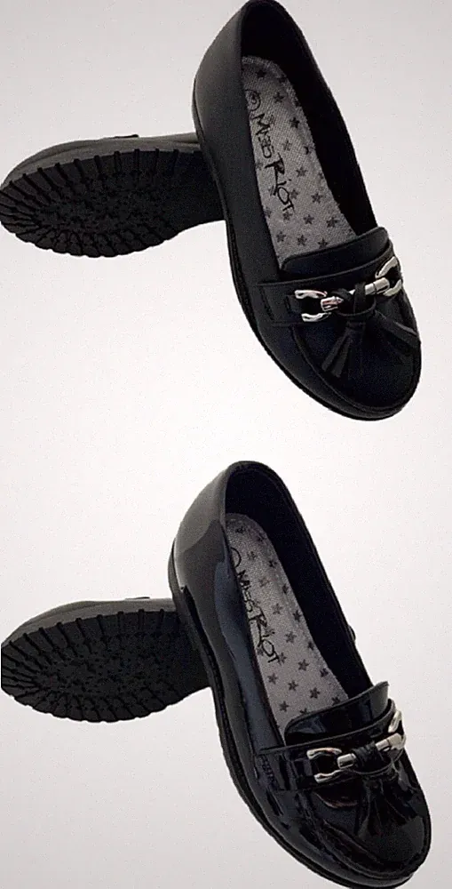 MÄDCHEN SCHULANFANG SCHUHE SCHWARZ SMART SLIPPER QUASTE HALBSCHUHE KINDER GRÖßE UK 13–5
