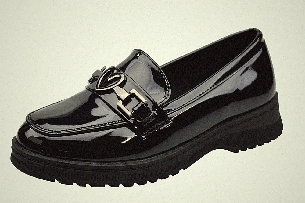Mädchen Schwarz Lack PU Schulschuhe Smart Slipper Herz Sattel Halbschuhe TPR Sohle