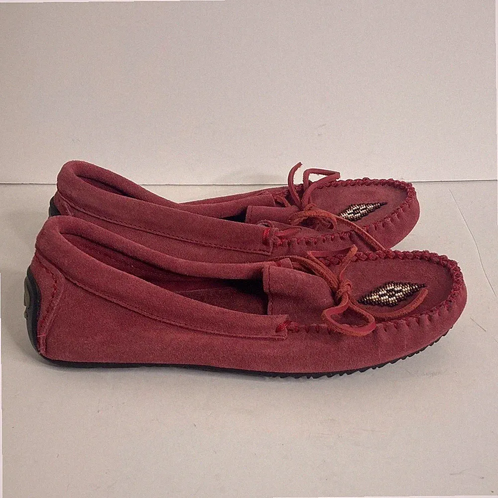 Manitobah Moccasins Womens 7 Pink Red Suede Slip On Loafers Aboriginal Beaded