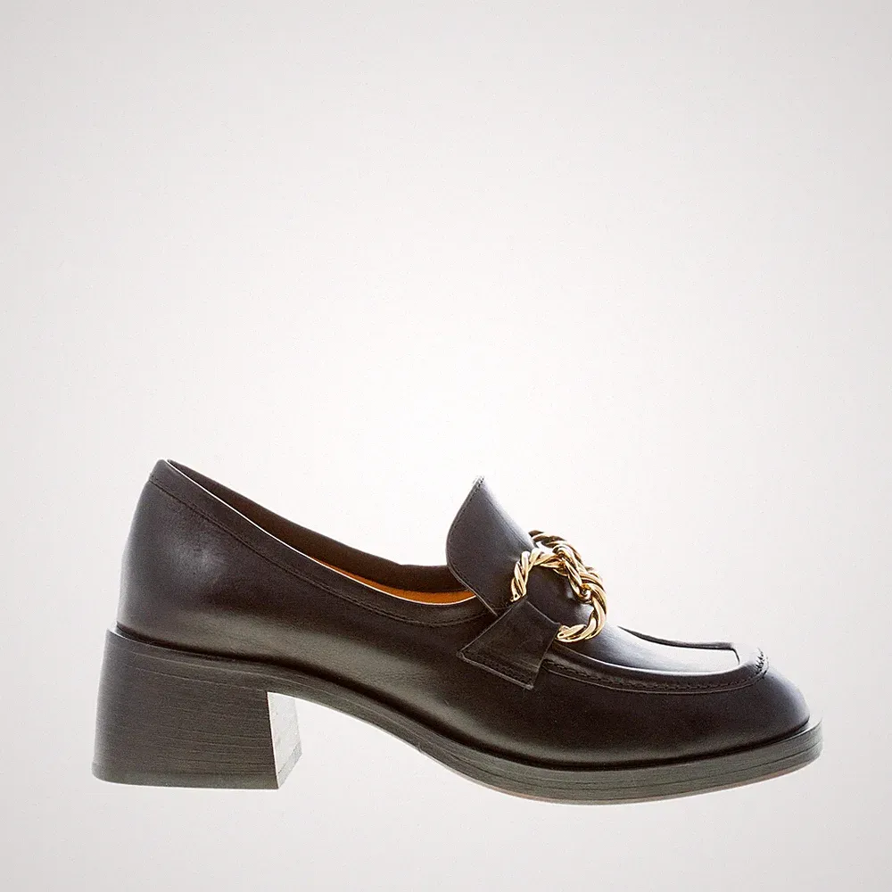 MARA BINI Damenschuhe Halbschuh Evy Nappaleder schwarz mit Kette gold Absatz 5 cm