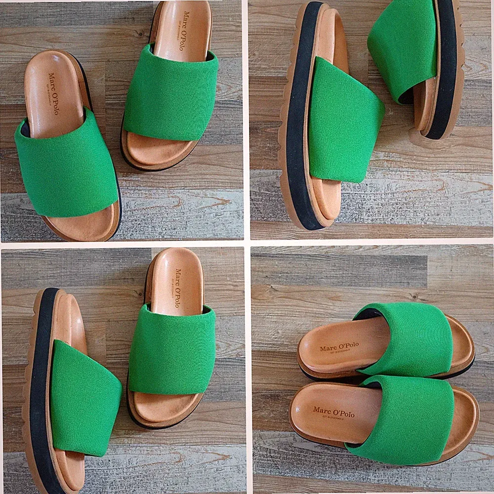 Marc O'Polo Plateau Clogs Slides Mules Loafers 38 Grün Pantolette Leder Textil