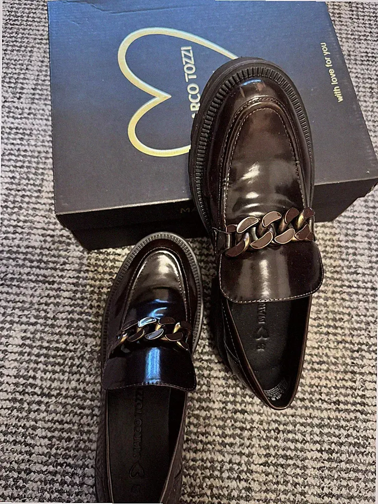Marco Tozzi Dark Brown Patent Leather Chain Loafers | Women's Slip-On Smart Shoe