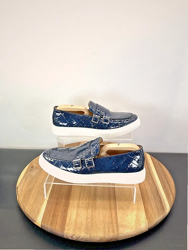 Markenlos Damen-Loafer marineblau Schlangenhautmuster Lackleder Mönchsriemen UK Größe 8
