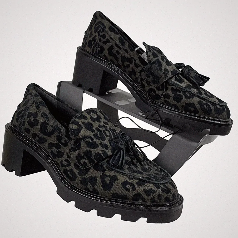 Marks & Spencer Loafer Schuhe Größe UK 3 Khaki Leopard Slipper Quasten EU 35,5