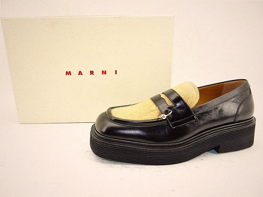 Marni Mokassins Slipper Loafers Halbschuhe Kalbsfell Leder Schwarz Beige Gr.42