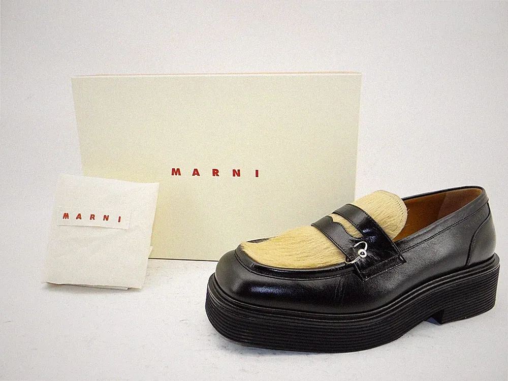 Marni Mokassins Slipper Loafers Halbschuhe Kalbsfell Leder Schwarz Beige Gr.44