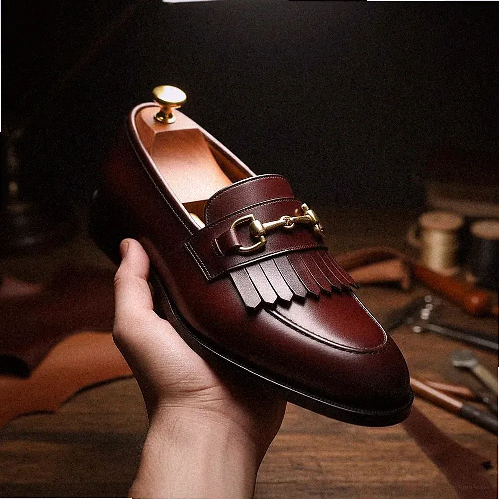 Maßgefertigte Schuhe handgefertigt Herren burgunderrot weinrot italienische Fransen Halbschuhe Slipper Oxford