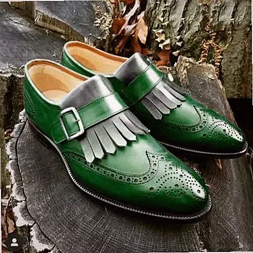 Maßgeschneiderte Abendschuhe, Brogue-Monkschuhe aus reinem grauem und grünem Led