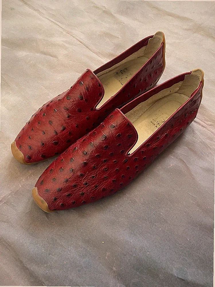 Men’s Ostrich Leather Driving Loafers Red Made in Italy Luxury Rare Size 39,5