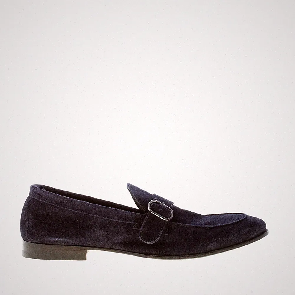 MIGLIORE herren schuhe blau suede made in Italy artisanal loafer schnalle strap