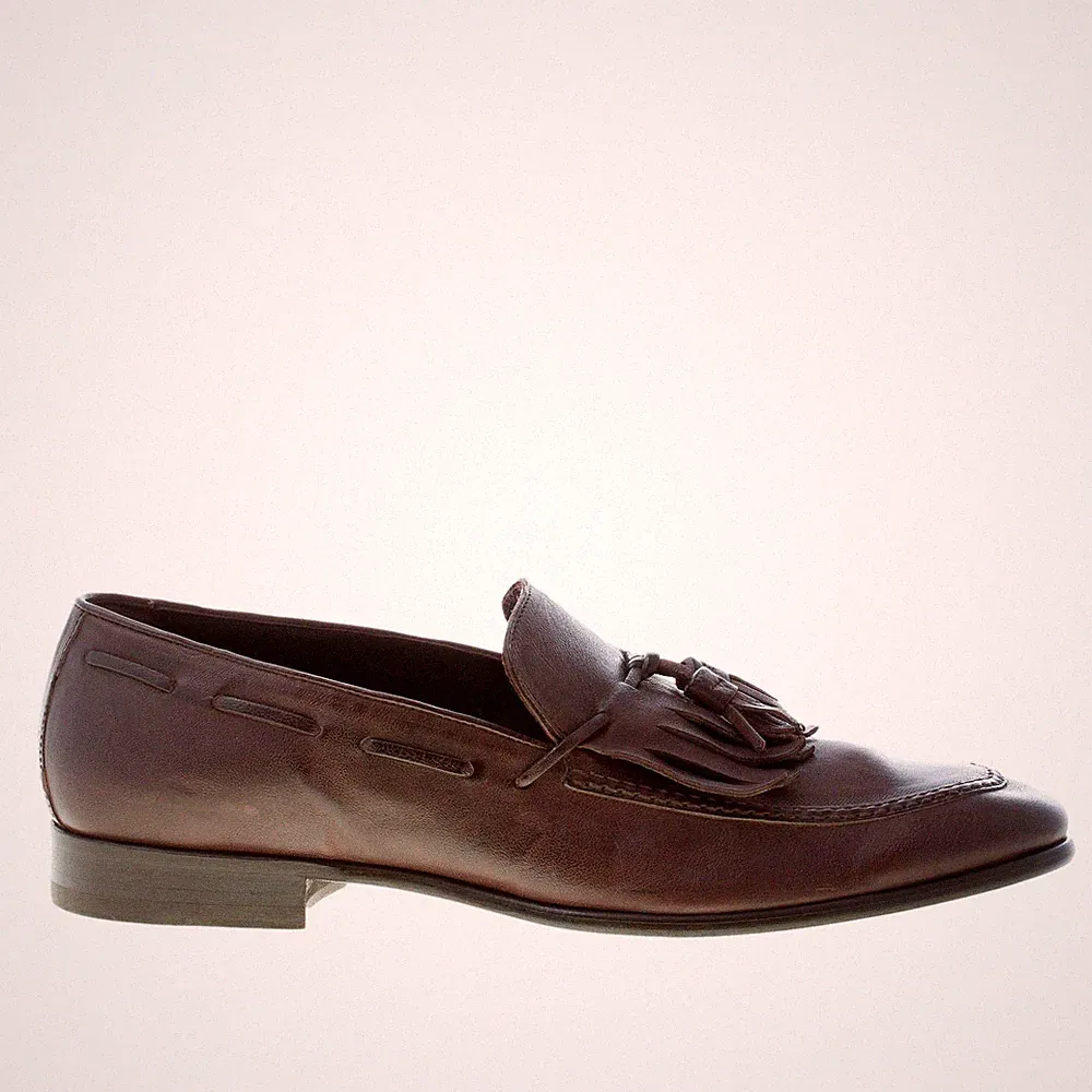 MIGLIORE herren schuhe dunkelbraun leder loafer vintage franse quasten Italy