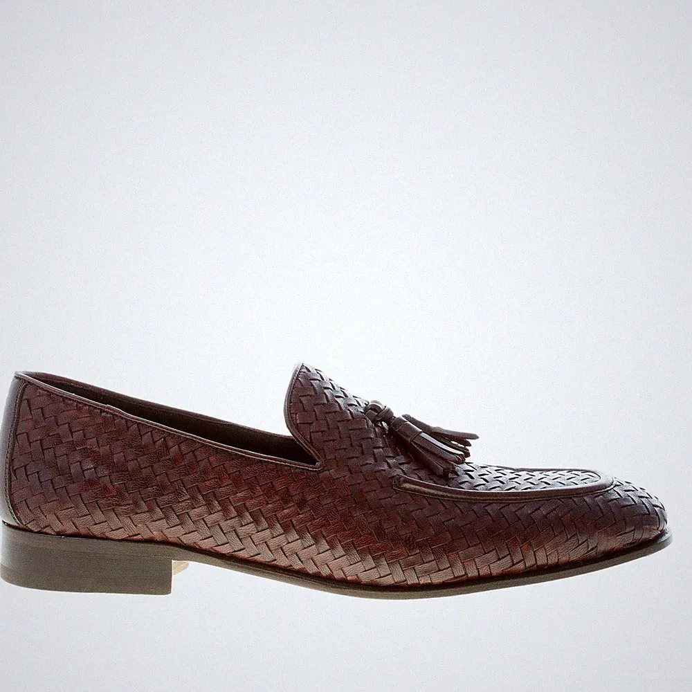 MIGLIORE herren schuhe Made in Italy loafer gewebtes Leder dunkelbraun quasten