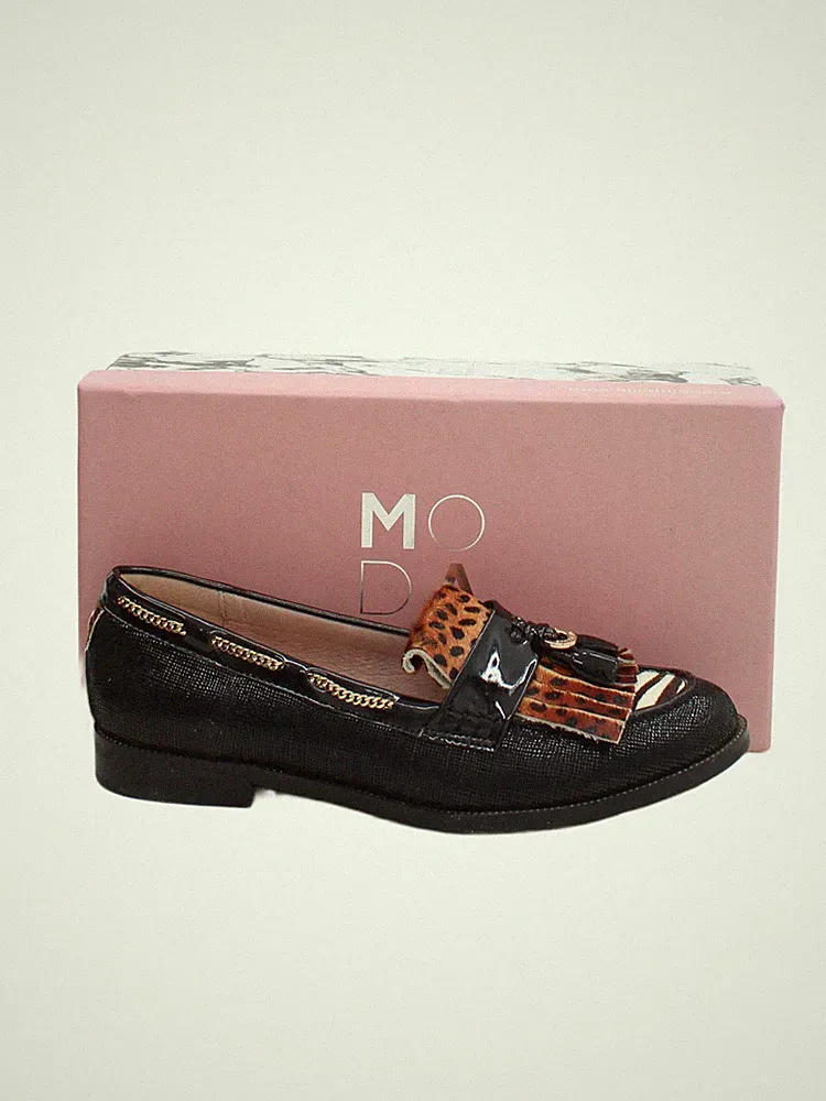 Moda In Pelle flache Damenschuhe UK 6 schwarz Animal-Print 100 % Leder Loafer