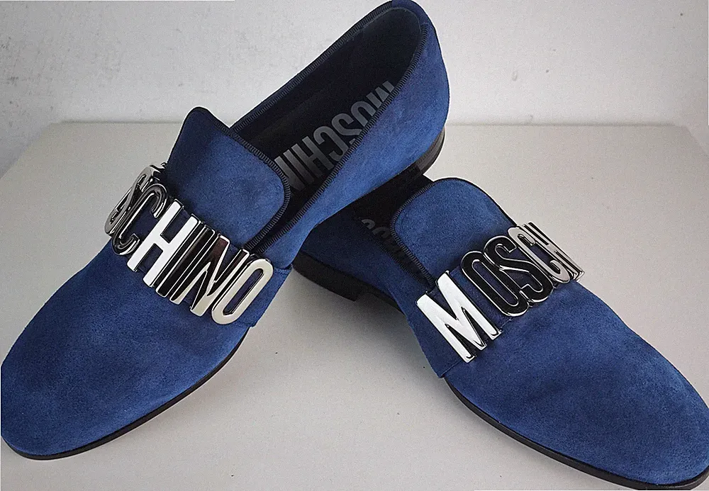 MOSCHINO Loafer mit Logo Mokassins Herren Designer Leder Schuhe Blau Gr.42 NEU