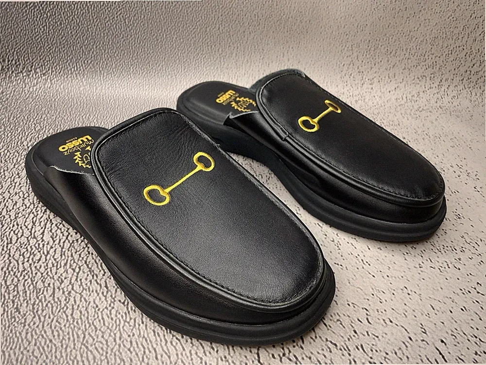 MULEBOYZ X LUSSO CLOUD Unisex Schwarz Leder Pantolette Loafer Pesto Größe...