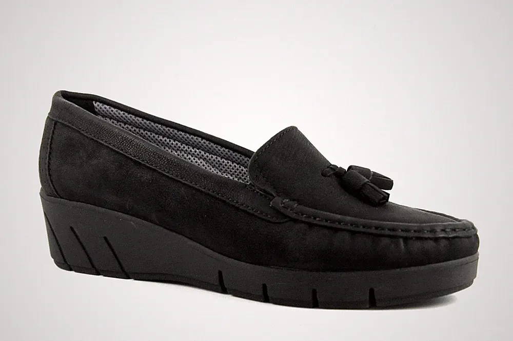 Naturläufer Damen EU 41 UK 8 Schwarz Leder Keilabsatz Quaste Mokassin Halbschuhe