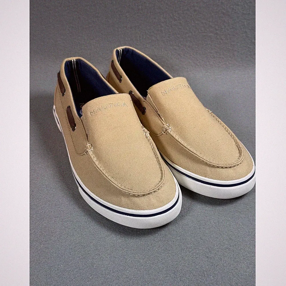 Nautica Mens Doubloon Boat Shoe Slip On 8.5 Tan Canvas Loafer Moccasin Toe