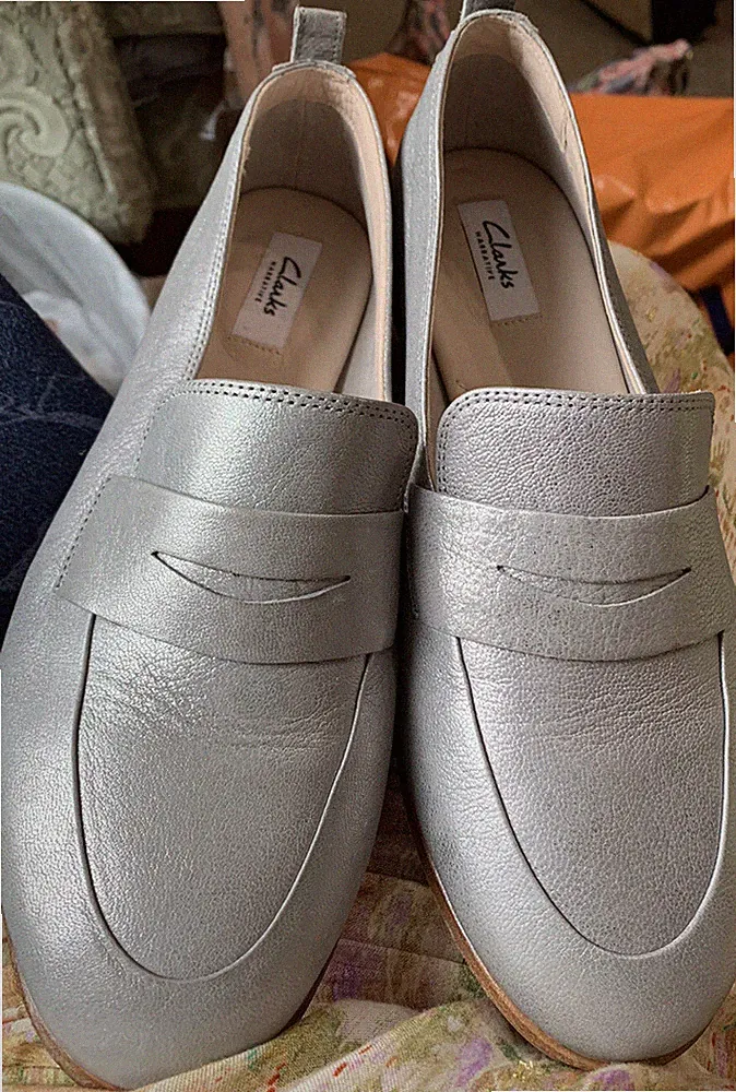 Neu Clarks Narrative Silber Alania Belle Leder Schuhe Größe 6E 39,5 Weite Top
