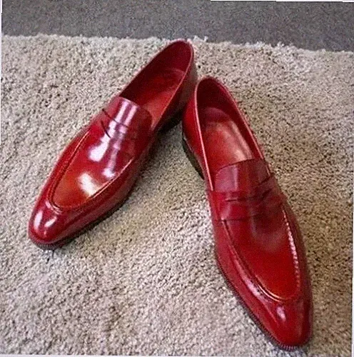 Neu Handgefertigt Oxford Rot Glänzend Leder Freizeit Slipper Halbschuh Mokassin Herren Schuhe