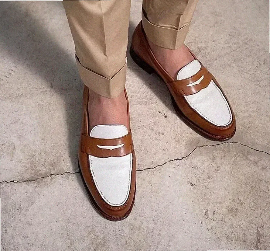 Neu handgefertigt Oxford zweifarbig hellbraun & weiß Leder lässig Slipper Halbschuh Herren Schuhe