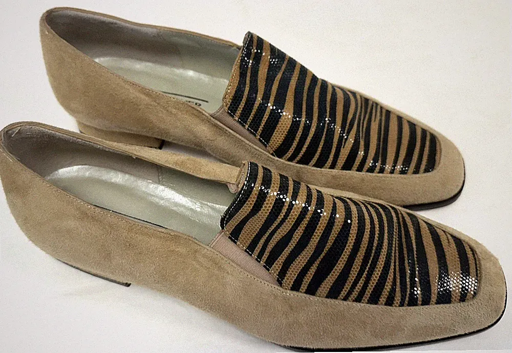 Neu! Rebeca Sanver UK5,5 hellbraune und schwarze Wildleder Halbschuhe mit niedrigem Absatz Schuhe mit Glitzer