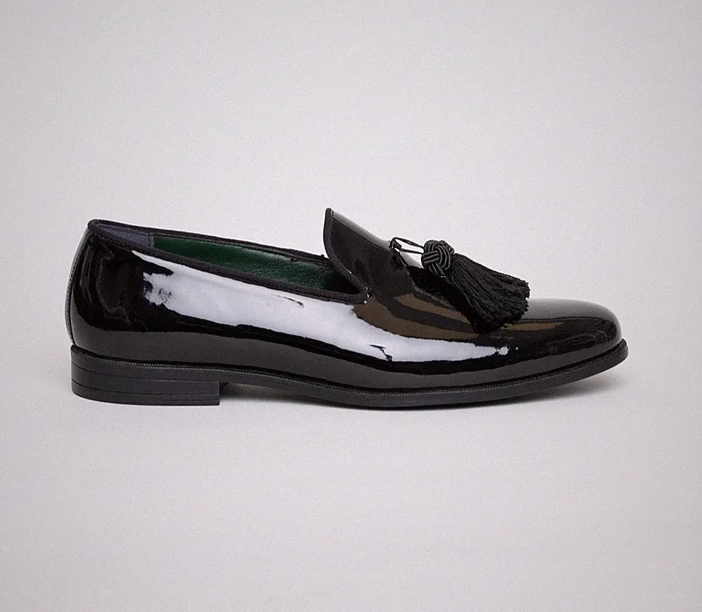 NEU UND VERPACKT Herren Schwarz Lack Halbschuh Slipper für Abschlussball Ball Event Hochzeit Bianchi