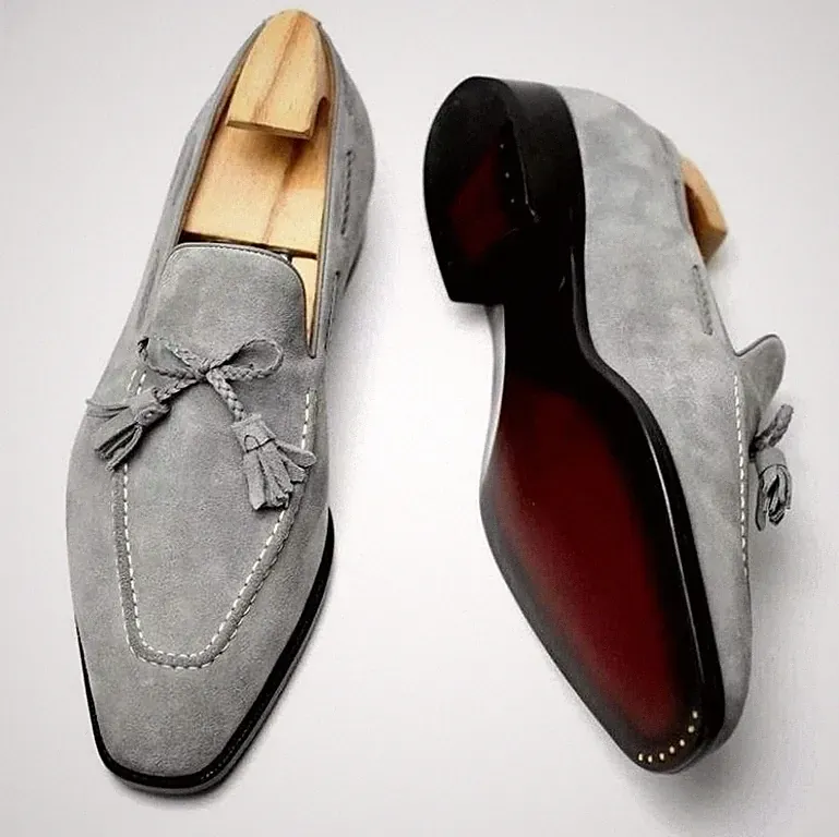 Neue handgefertigte Loafer Party formelle Slipper lässig grau Quaste Wildleder Leder Schuhe