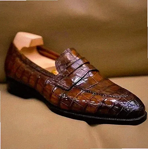 Neuer strukturierter Lederschuh Alligator Tan Handarbeit, Halbschuhe mit