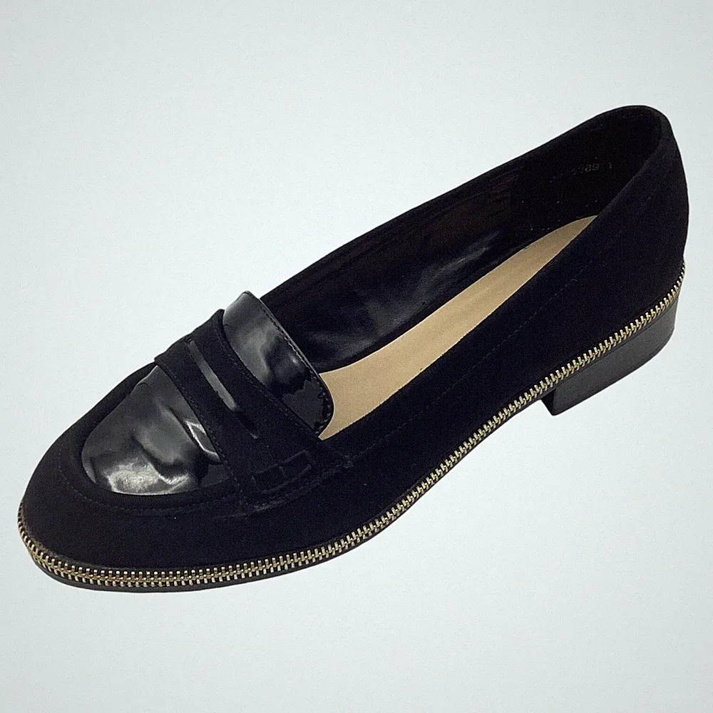 New Look Penny-Damenhalbschuhe UK 6 schwarz Wildlederimitat Lack Slipper Reißverschluss