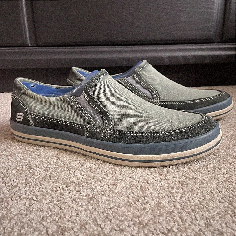 New Skechers Men's Size 8 Grey Casual Leather & Denim Loafer Shoes w Memory Foam