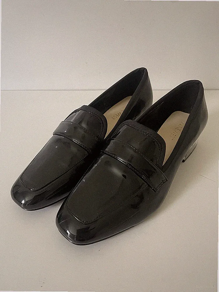 Nine West Women’s 7M Black Patent Loafers Clear Block Heel Square Toe