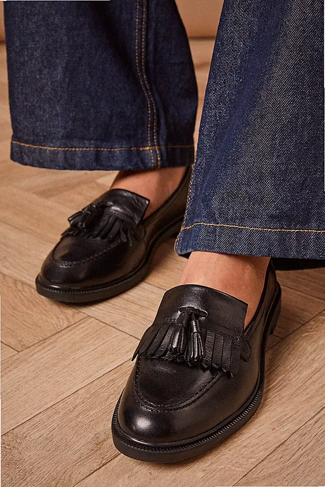 Oasis Damen Schwarz Halbschuhe Quaste Flats Echtleder Bequem Schuhe