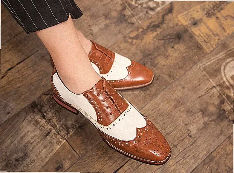 Oxford Herren Brogue Halbschuhe zweifarbig braun weiß Kunstleder CF04008