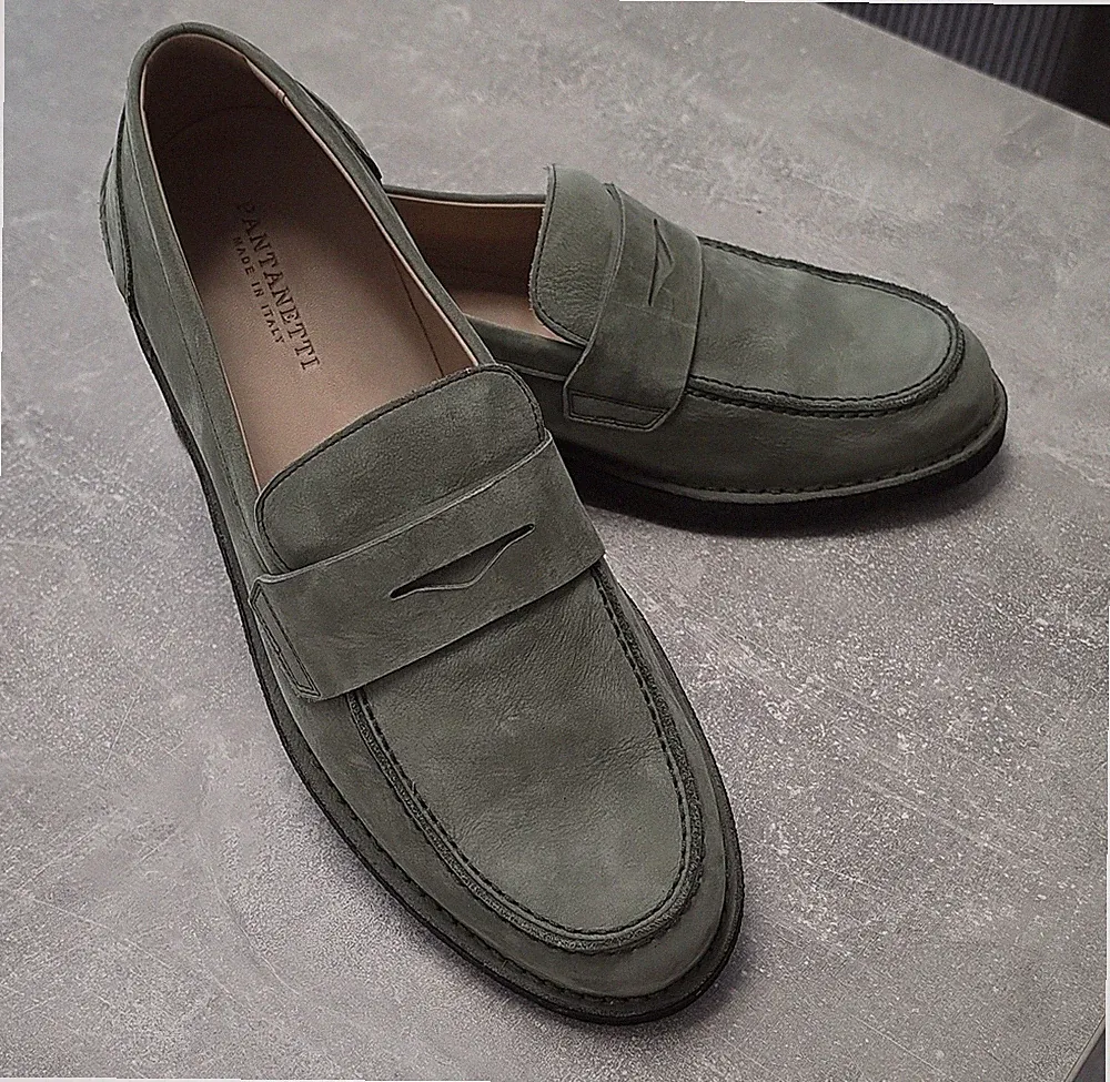 PANTANETTI Herren Mokassin Pennyloafer Leder Grün Slip-On EU 42,5 Ziernaht