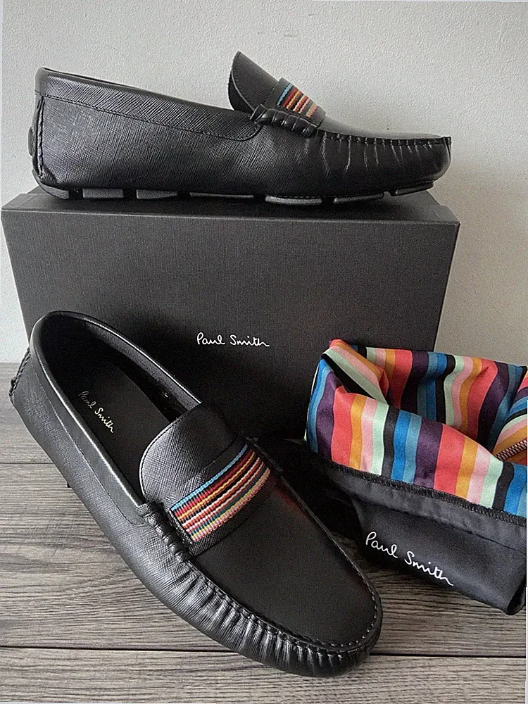 PAUL SMITH SCHWARZE LEDER COLIMA HALBSCHUHE SCHUHE SIGNATUR STREIFENEINSATZ UK 11 NEU IM KARTON